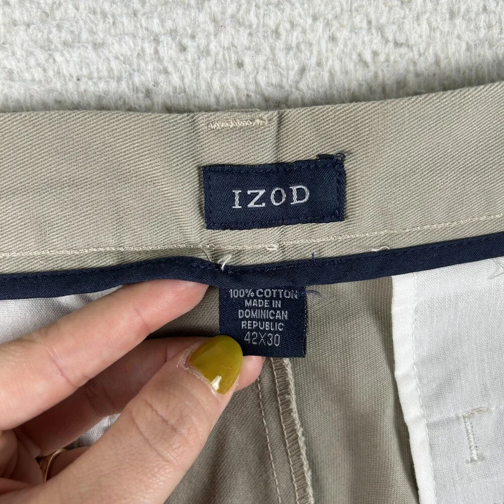 IZOD Pants Mens 35x30 Beige Wrinkle Free American Chino Pleated Cuffed
